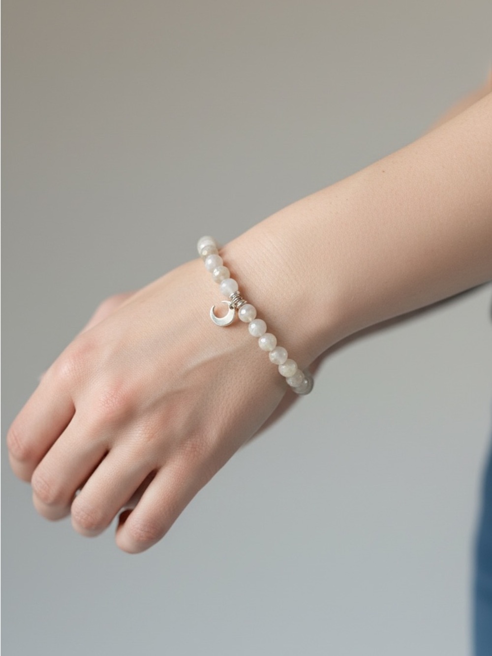 9/18 White Beaded Moon Charm Bracelet -